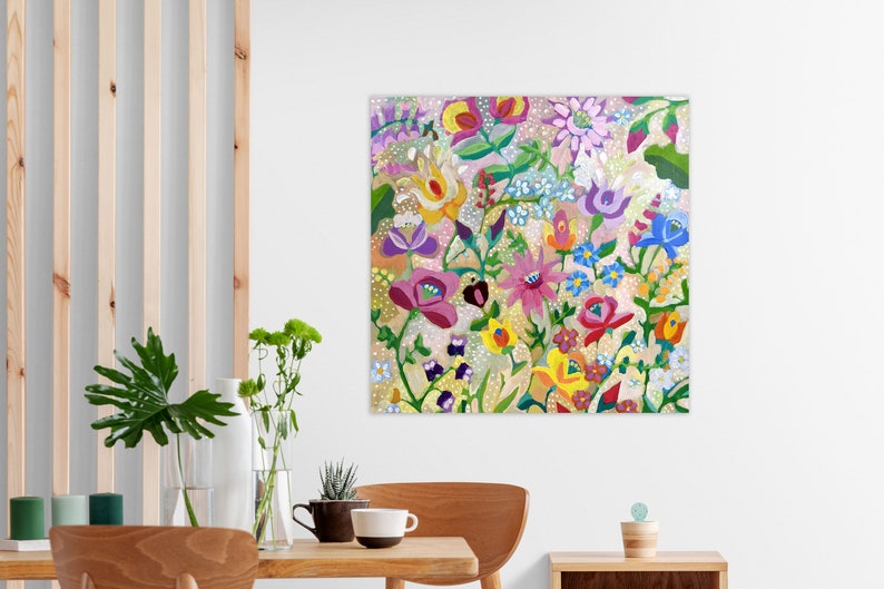 Large Abstract Flower Painting / Original Modern Wall Art / Acrylic Painting on Canvas / Colourful Boho Folk Painting for Living Room image 4