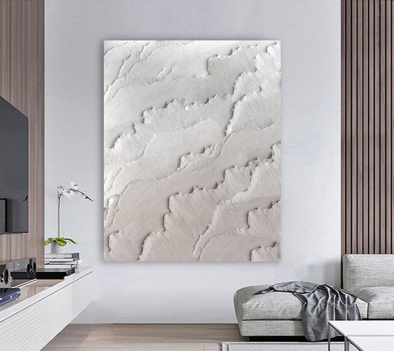 Large textured abstract painting, wabi sabi minimalist wall art. Grey white acrylic on canvas. Palette knife art, plaster drywall artwork. image 3