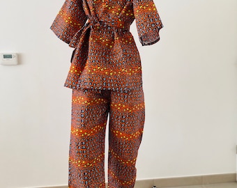 Wax kimono and high waist wide pants in wax - women's wax outfit - classy African clothing - mid-length kimono - pocket pants