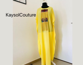 Caftan dress - loose yellow dress - Blue Moroccan style dress - caftan dress with African touch - adjustable length - wide dress and long