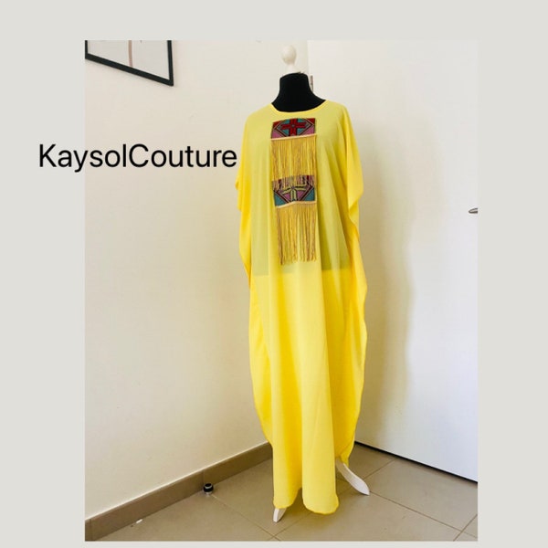 Robe Caftan - robe ample jaune - Robe style marocaine bleue - robe caftan avec touche africaine - longueur ajustable - robe large er long