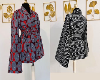 Wachskimonoweste - Roter Stoff im asiatischen Stil mit afrikanischen Blumen - leichte Wachsjacke - Jacke aus afrikanischem Stoff - mit Gürtel - Capsul