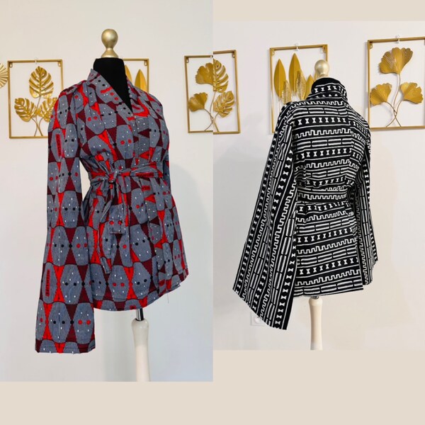 Gilet kimono en wax - Rouge  style asiatique tissu au fleurs africaines - veste légère en wax- veste tissu africain - avec ceinture - Capsul