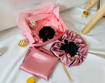Box Cadeau fait main -soin cheveux -  taie d’oreiller en satin - bonnet de nuit en satin - Chouchou cheveux en satin - Bois de rose et noir