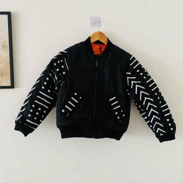 Veste bomber wax enfant – veste africaine – bomber noir Tissu Wax - veste enfant- Bogolan noir