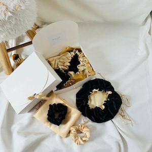Gift Box - pielęgnacja włosów i twarzy - poszewka satynowa - czepek nocny satynowy - gumka do włosów - kolor szampański beż