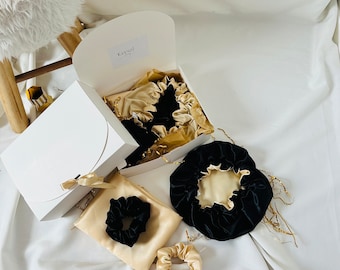 Gift Box - hair and face care - satin pillowcase - satin night cap - Hair scrunchie - champagne beige color