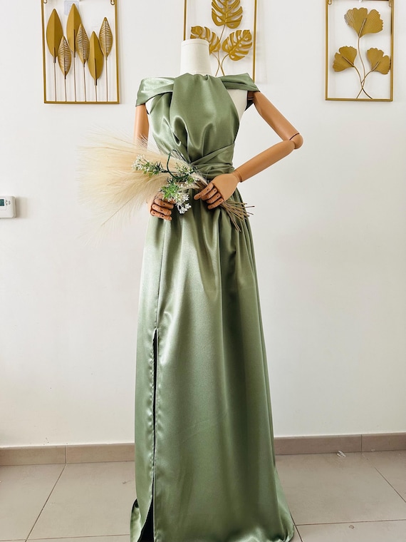 Sage Green Evening Dress - Pistachio Bridesmaid Dress - Satin Prom Dress - Infinity Dress - Convertible Dress - Wedding