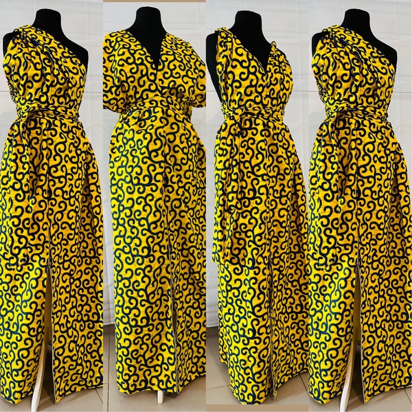 Robe infinity en Wax jaune  - Robe demoiselle d’honneur - Robe de Soirée en wax - robe d’été - robe africaine avec fente à glisser