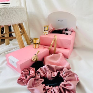 Hair care box - gift idea satin pillowcase - satin nightcap - satin hair scrunchie - rosewood and black color