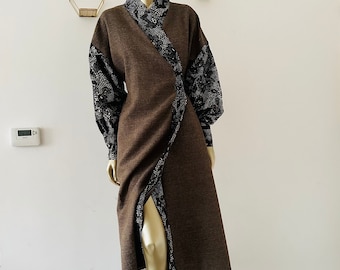 Tweed and Wax wrap dress - floral tweed and wax - loincloth kimono dress - wrap dress - long puff sleeves - mid-length