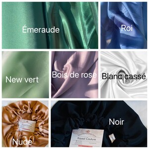 Może przedstawiać: Dziewięć r&oacute;żnych kolor&oacute;w pr&oacute;bek tkaniny satynowej. Kolory to: &Eacute;meraude, Roi, New vert, Bois de rose, Blanc cass&eacute;, Nude, Noir.