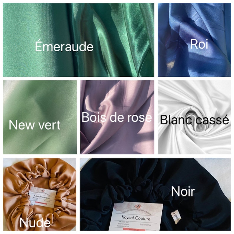Może przedstawiać: Dziewięć r&oacute;żnych kolor&oacute;w pr&oacute;bek tkaniny satynowej. Kolory to: &Eacute;meraude, Roi, New vert, Bois de rose, Blanc cass&eacute;, Nude, Noir.
