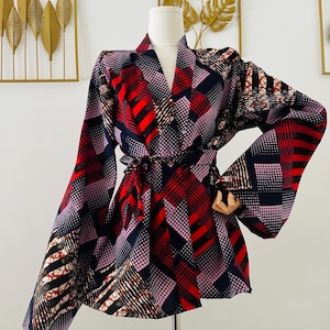 Kimono en wax - Rouge - veste africaine rouge - Veste kimono style asiatique e wax - avec ceinture