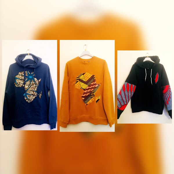 Sweat en wax avec carte d’Afrique - pull wax - hoodie wax - mixte