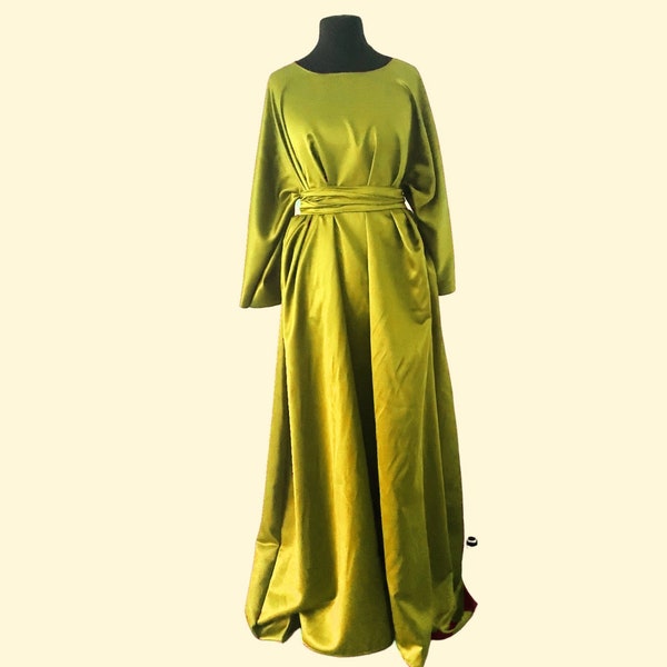 Robe longue en satin vert sauge  - Robe de soirée manches longues - Modest wear  - Robe style caftan - Satin luxueux de haute qualité