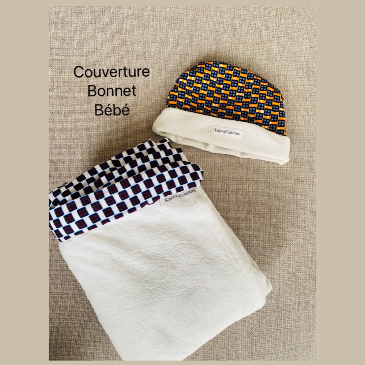 Couverture Polaire Pour Bébé - Bordure en Wax 100% Coton Haute Qualité - avec Bonnet Assorti - Kit C