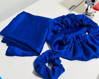 100% Silk Hair and Face Care Box - Royal Blue - Silk Pillowcase - Silk Night Cap - Silk Scrunchie - Assorted