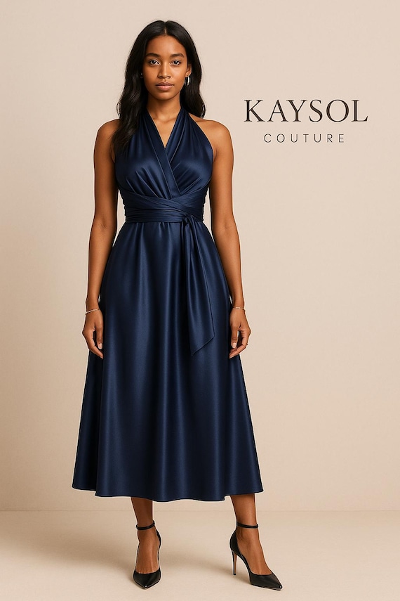 navy blue satin bridesmaid dresses Dark Navy Satin Bridesmaid Dress with Sleeveless - Navy Blue Bridesmaid Dresses with V-Neck - Multiple Color main image 1