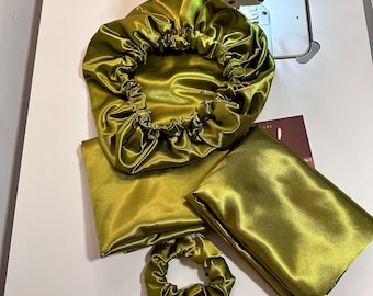 Olive green Satin Box - satin pillowcase gift idea - satin night cap - satin hair scrunchie - gift - sage