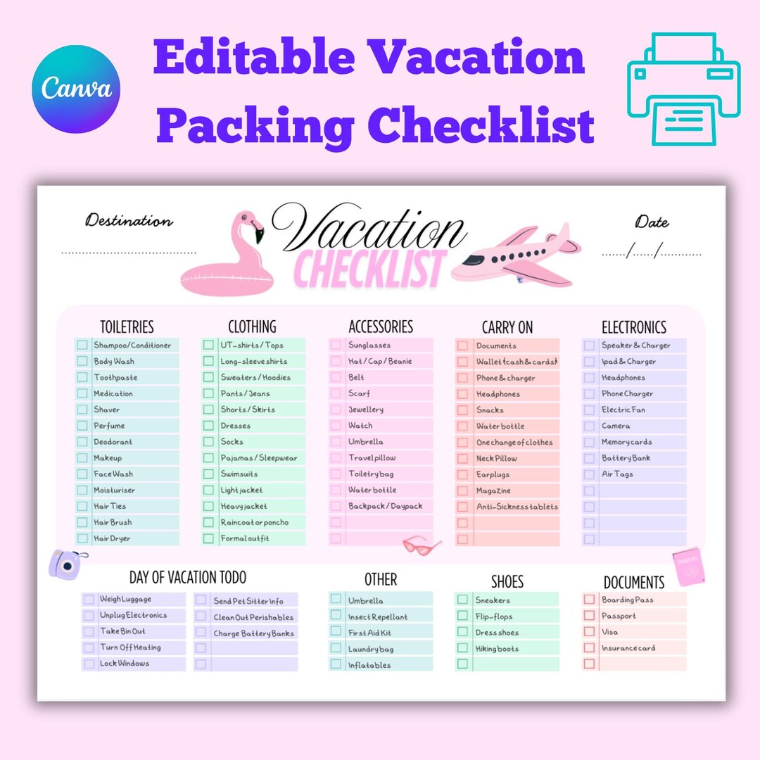 Printable Summer Vacation Checklist | Pastel Travel Packing List ...