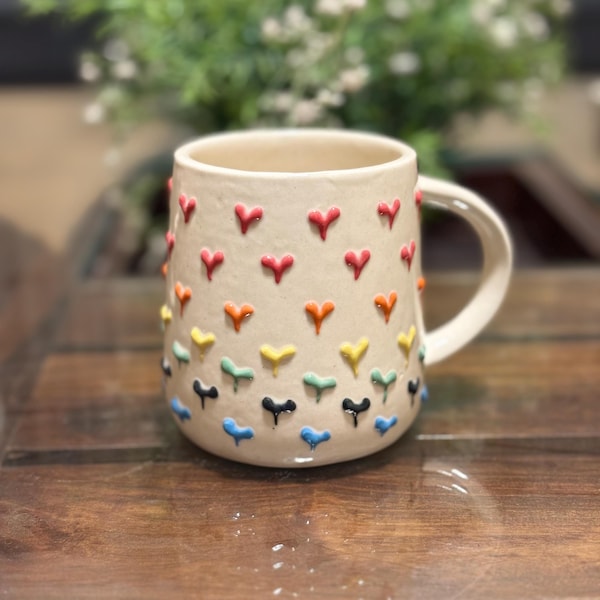 Handmade Ceramic Mug: Colorful Embossed Heart Design, Boho Cottagecore