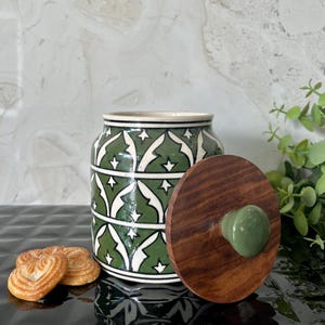 Handmade Green Ceramic Jar with Wooden Lid: Airtight Kitchen Storage