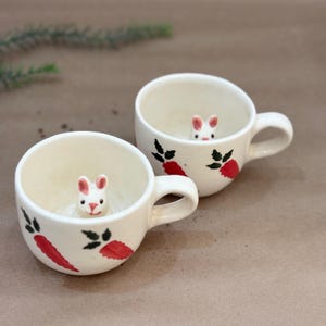Handmade Bunny Mug with Carrot Design – Cute 3D Animal Inside Cup | Kawaii Ceramic Mug | Gift for Kids | Tea Coffee Cup | Cottagecore Mug