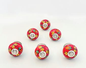 Red Ceramic Cabinet Knobs: Hand-Painted Floral Drawer Pulls, Set of 6
