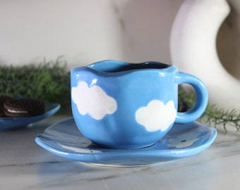 Coffee Mug Ceramic Mug Blue Cloud Handpainted Ceramic Coffee Mug Gift For Coffee Lover Mother's Day Gift Coffee Blue Mug with Saucer