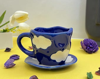 Handmade Ceramic Cloud Mug Set: Blue Pottery Coffee Cup, Sky-Inspired Drinkware