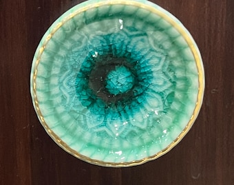 Green Ceramic Knob with Gold Rim: Handmade Cabinet Hardware