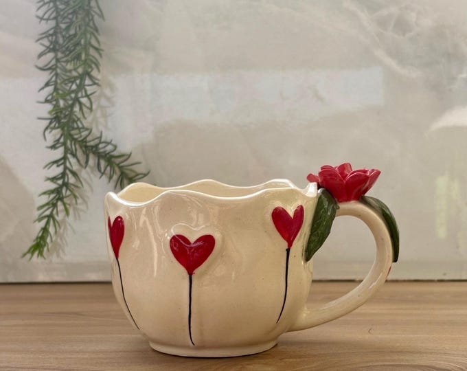 Handmade Ceramic Mug, 3D Red Flower Handle, Romantic Heart Tea Cup