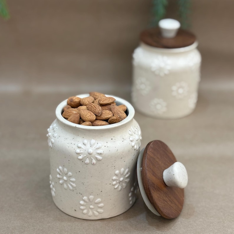 Embossed Ceramic Storage Jar, Airtight Wooden Lid, Hand-painted Floral ...