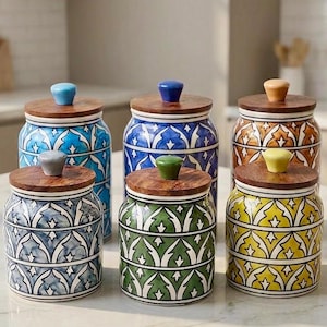 Handpainted Ceramic Jar with Wooden Lid: Airtight Kitchen Storage