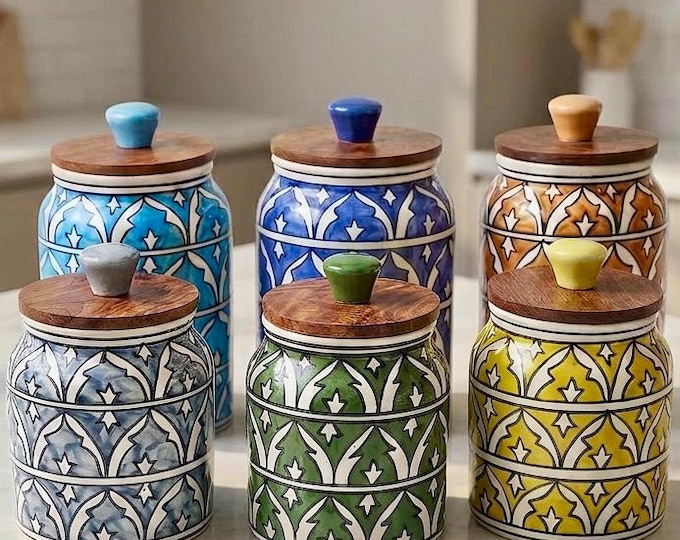 Handmade Ceramic Jar, Airtight Kitchen Storage, Boho Decor, Indian Artisan Painted Canister
