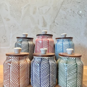 Peut inclure: Six pots en céramique avec des couvercles en bois. Chaque pot a un motif chevron différent en bleu, vert, rouge, marron et blanc.