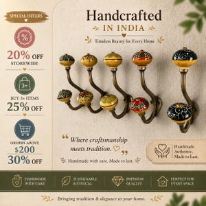 May include: Handcrafted wall hooks with decorative ceramic knobs in various colors and patterns. The hooks are made of metal and are mounted on a wall. The image includes text that says "Handcrafted in India".