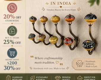 May include: A set of handcrafted wall hooks with decorative ceramic knobs in various colours and patterns. The metal hooks are mounted on a wall. The image includes text that says "Handcrafted in India".
