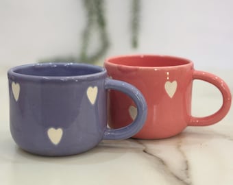 Heart Print Ceramic Mug Set: Pink & Purple - Romantic Coffee Cups