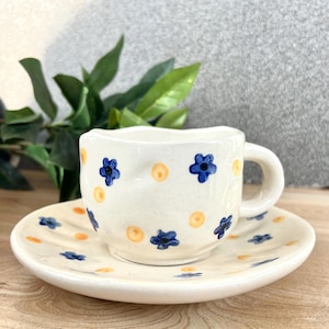 Hand-Painted Ceramic Mug with Saucer: Blue Floral Tea Cup Set