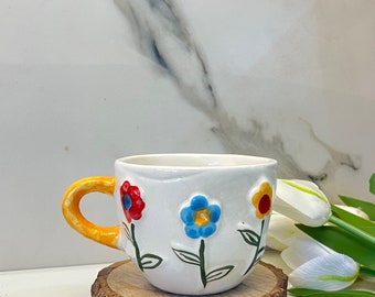 Hand-Painted Ceramic Mug: Multicolor Floral Coffee Cup with Yellow Handle
