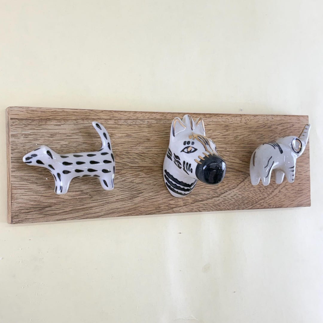 Hand-painted Ceramic Animal Hook Rack | Wooden Wall Hanger (10 Inch) - Etsy