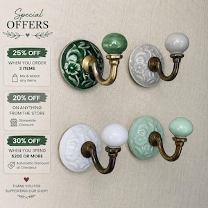 Ceramic Round Wall Hooks, Vintage Hooks For Coat ad Entryway Decor, Wall Mounted Hardware
