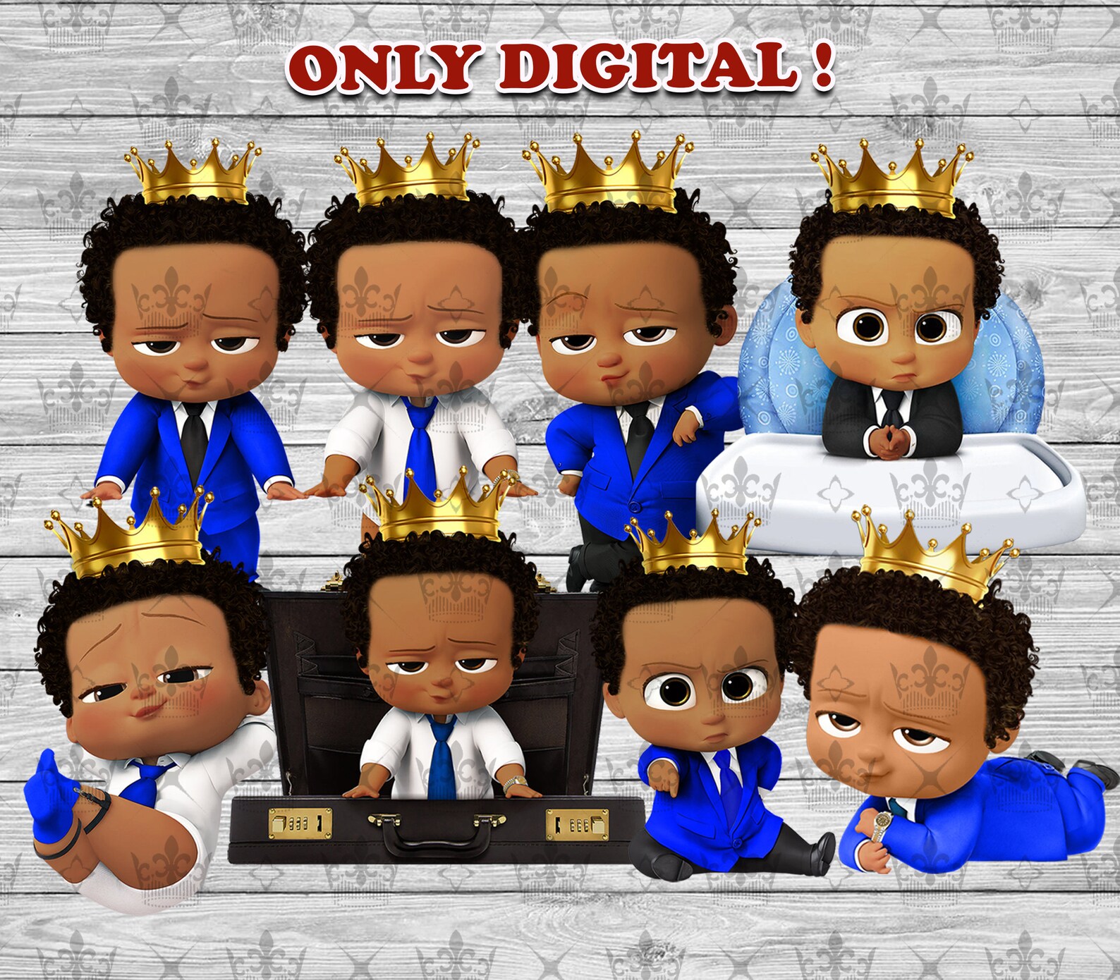 Digital African American Boss Baby Royal Blue With Crown Etsy