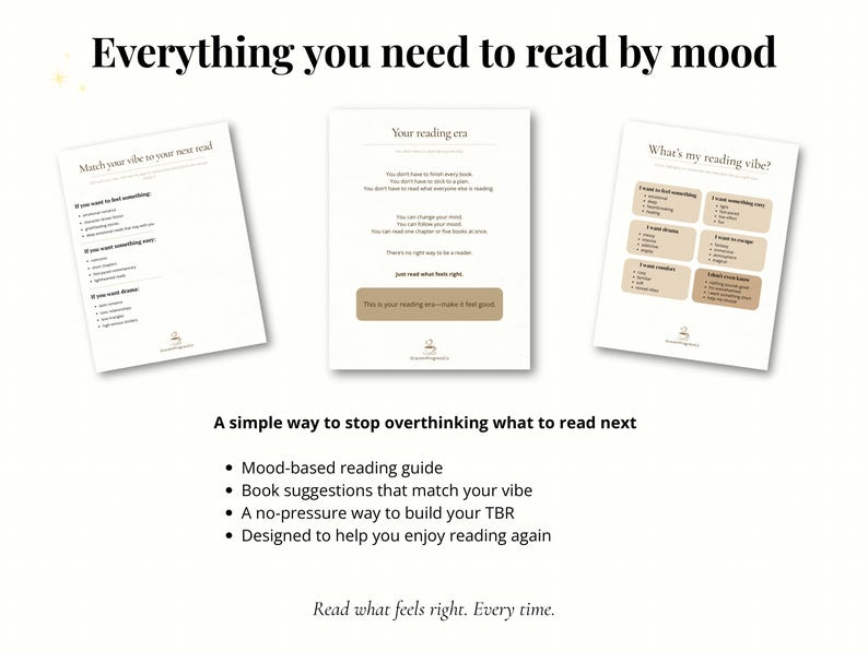 May include: A promotional image with the text "Everything you need to read by mood." It features three white pages with text, including a mood-based reading guide and book suggestions. The image also includes the text "A simple way to stop overthinking what to read next."