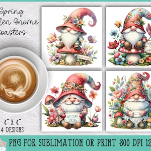 Spring Garden Gnome Coasters Bundle for Sublimation or Print, Floral Coasters, Gnome Coasters, Sublimation Bundle, 4x4 Coasters