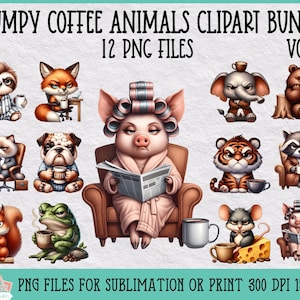 Puede incluir: Un paquete de clipart digital de 12 animales gruñones disfrutando del café. Los animales incluyen un perezoso, un zorro, un cerdo, un bulldog, un gato, un tigre, un mapache, una ardilla, una rana, un ratón y un elefante. Cada animal está ilustrado en un estilo de dibujos animados y sostiene una taza de café. El texto "GRUMPY COFFEE ANIMALS CLIPART BUNDLE" y "VOL. I" está en la parte superior de la imagen. El texto "12 PNG FILES" está en el medio de la imagen. El texto "PNG FILES FOR SUBLIMATION OR PRINT 300 DPI 1500 PX" está en la parte inferior de la imagen.