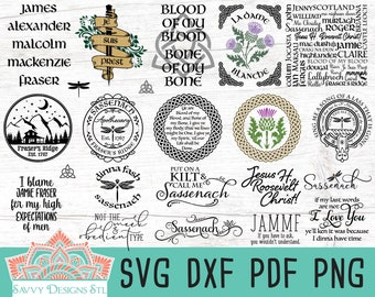 Fraser Fan SVG Cut File Bundle for Silhouette and Cricut, Sassenach, Je Suis Prest, La Dame Blanche, JAMMF, Fraser's Ridge, Skye Song