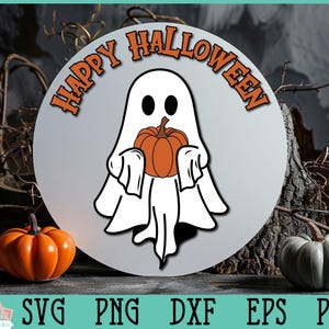 Happy Halloween Round Sign | Door Sign for Silhouette, Cricut and Laser, Halloween Front Porch Sign svg, Halloween svg, Ghost svg